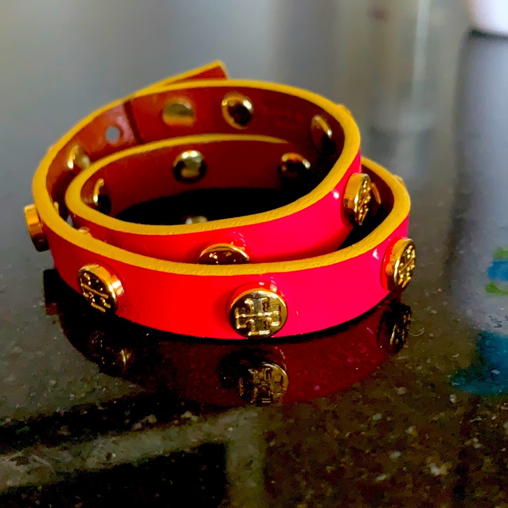 Tory Burch leather wrap bracelet- pink with gold accents, excellent condition!